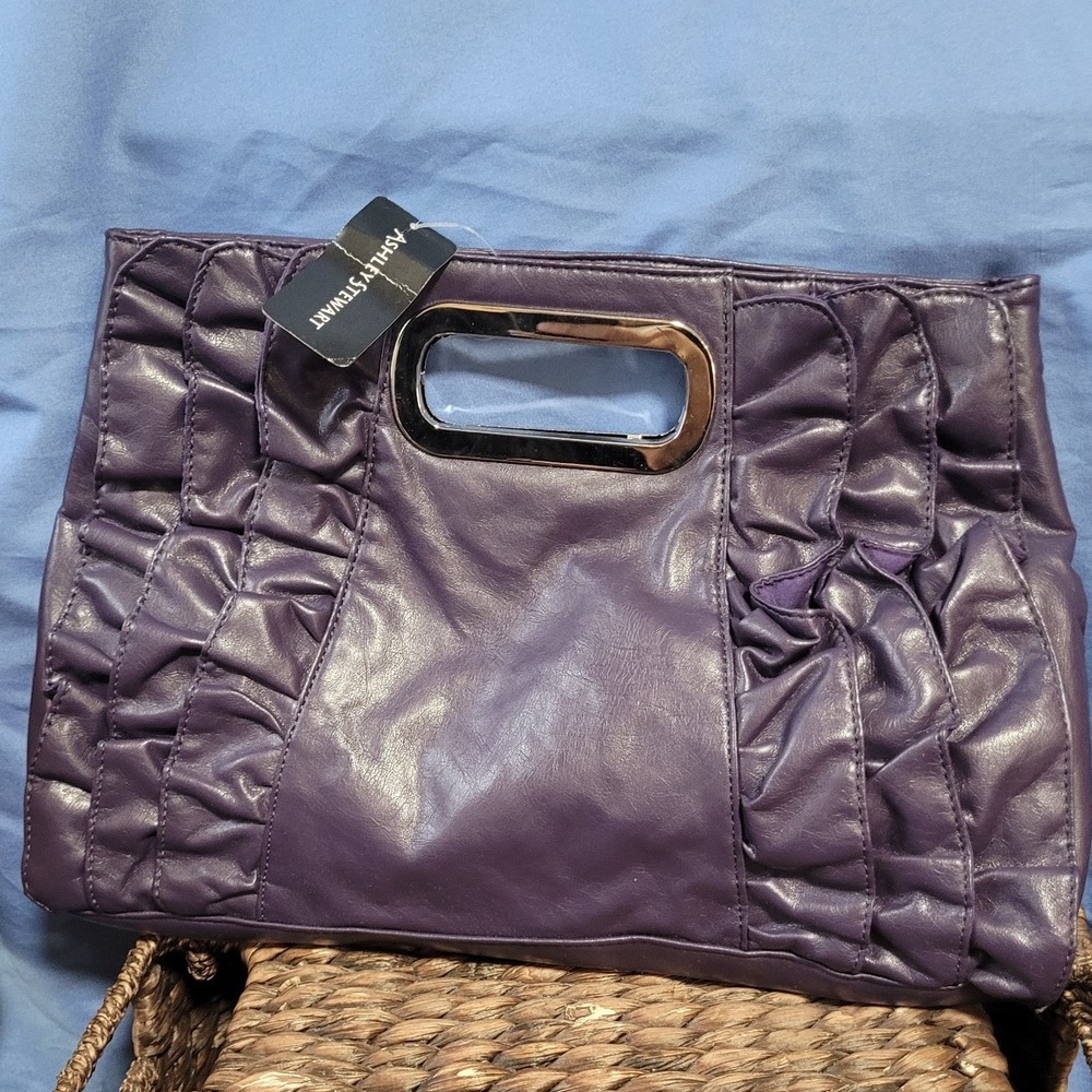 Ashley Stewart Ruffle Handbag Purple Medium Size Party Career Handheld Clutch